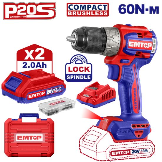 EMTOP BRUSHLESS ΔΡΑΠΑΝΟΚΑΤΣΑΒΙΔΟ ΜΠΑΤΑΡΙΑΣ ΛΙΘΙΟΥ 20V/2x2AH ΜΕ ΤΑΧΥΦΟΡΤΙΣΤΗ ECDL20602