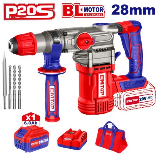 EMTOP BRUSHLESS ΣΚΑΠΤΙΚΟ ΠΕΡΙΣΤΡΟΦΙΚΟ ΠΙΣΤΟΛΕΤΟ ΜΠΑΤΑΡΙΑΣ 20V/2x2Ah ELRH20288SE