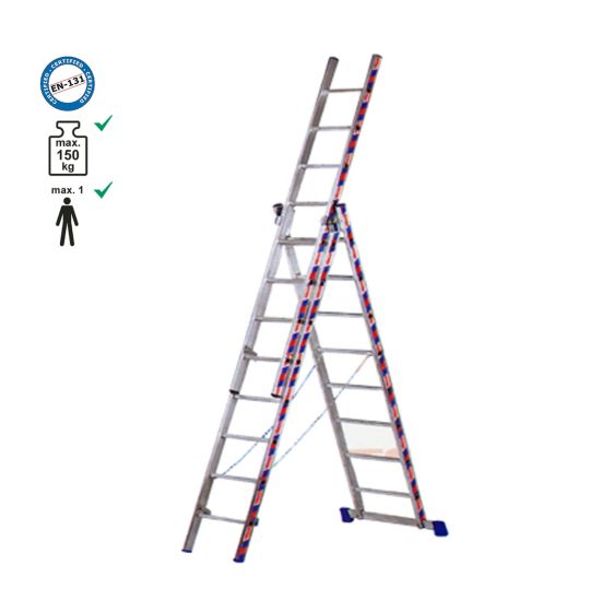 Σκάλα επαγγελματική αλουμινίου τριπλή - 3*10 σκαλιά ύψος Α/Β/Γ:2,75m/4,50m/6,75m.