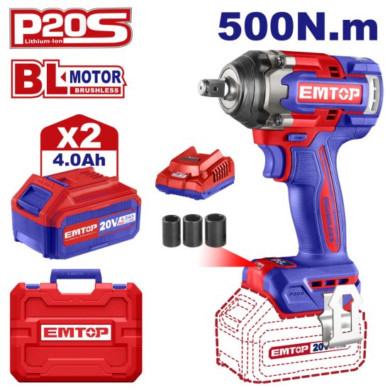 EMTOP BRUSHLESS ΜΠΟΥΛΟΝΟΚΛΕΙΔΟ ΜΠΑΤΑΡΙΑΣ 500-650NM 20V/2x4Ah ECIWL2050