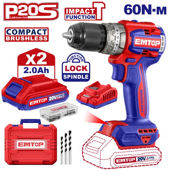 EMTOP BRUSHLESS ΚΡΟΥΣΤΙΚΟ ΔΡΑΠΑΝΟΚΑΤΣΑΒΙΔΟ ΜΠΑΤΑΡΙΑΣ ΛΙΘΙΟΥ 20V/2x2AH ΜΕ ΤΑΧΥΦΟΡΤΙΣΤΗ ECIDL20602