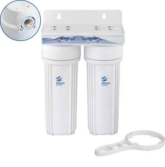 Διπλή φιλτροθήκη 2Μ λευκή πλαστική 10″ - 1/2″ - ορειχάλκινο σπείρωμα - κλειδί + βάση