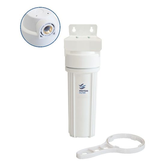 Μονή φιλτροθήκη 2Μ λευκή πλαστική 10″ - 1/2″ - ορειχάλκινο σπείρωμα - κλειδί + βάση