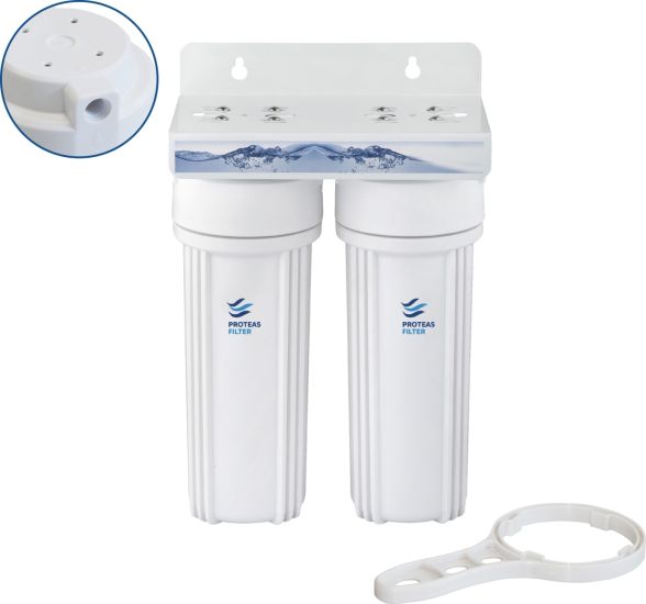 Διπλή φιλτροθήκη 2Μ λευκή πλαστική 10″ - 1/4″ - κλειδί+βάση
