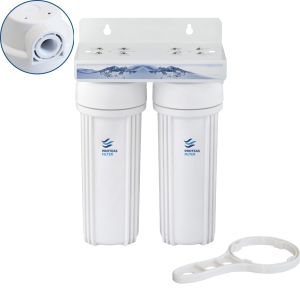 Διπλή φιλτροθήκη 2Μ λευκή πλαστική 10″ - 1/2″ - κλειδί + βάση