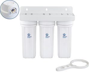 Τριπλή φιλτροθήκη 2Μ λευκή πλαστική 10″ - 1/2″ - ορειχάλκινο σπείρωμα - κλειδί + βάση