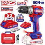 EMTOP BRUSHLESS ΚΡΟΥΣΤΙΚΟ ΔΡΑΠΑΝΟΚΑΤΣΑΒΙΔΟ ΜΠΑΤΑΡΙΑΣ ΛΙΘΙΟΥ 20V/2x2AH ΜΕ ΤΑΧΥΦΟΡΤΙΣΤΗ ECIDL20602