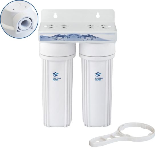 Διπλή φιλτροθήκη 2Μ λευκή πλαστική 10″ - 1/2″ - κλειδί + βάση