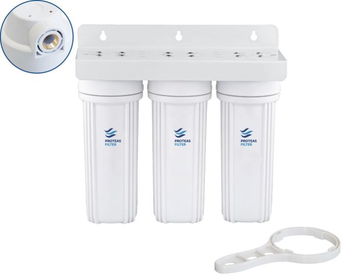 Τριπλή φιλτροθήκη 2Μ λευκή πλαστική 10″ - 1/2″ - ορειχάλκινο σπείρωμα - κλειδί + βάση