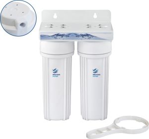 Διπλή φιλτροθήκη 2Μ λευκή πλαστική 10″ - 1/4″ - κλειδί+βάση