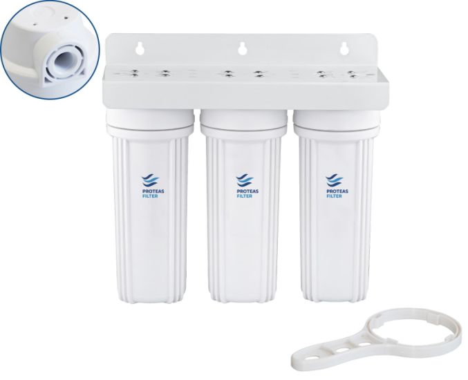 Τριπλή φιλτροθήκη 2Μ λευκή πλαστική 10″ - 1/2″ - κλειδί + βάση