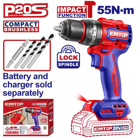 EMTOP BRUSHLESS ΚΡΟΥΣΤΙΚΟ ΔΡΑΠΑΝΟΚΑΤΣΑΒΙΔΟ ΜΠΑΤΑΡΙΑΣ ΛΙΘΙΟΥ 20V/55Nm ECIDL205581
