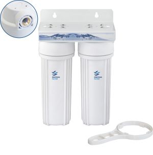 Διπλή φιλτροθήκη 2Μ λευκή πλαστική 10″ - 1/2″ - ορειχάλκινο σπείρωμα - κλειδί + βάση